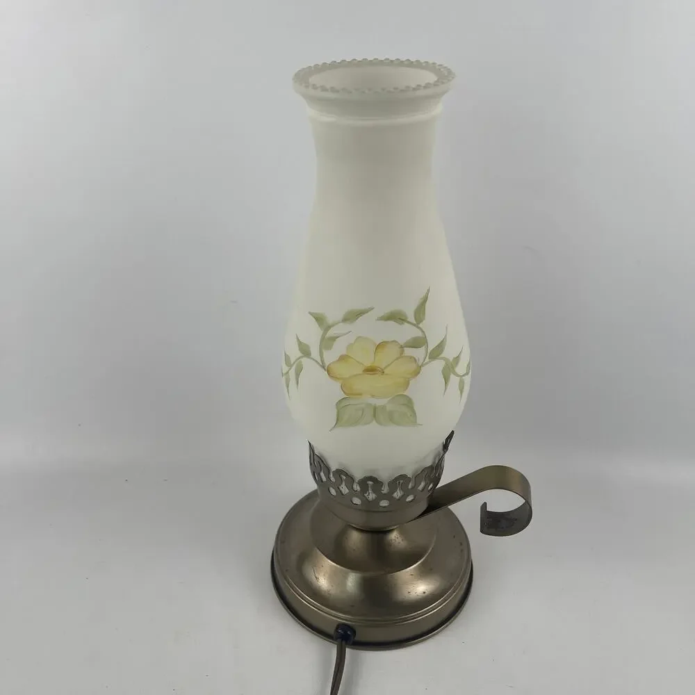 Vintage Electric Hurricane Lamp with White Floral Globe 12”
